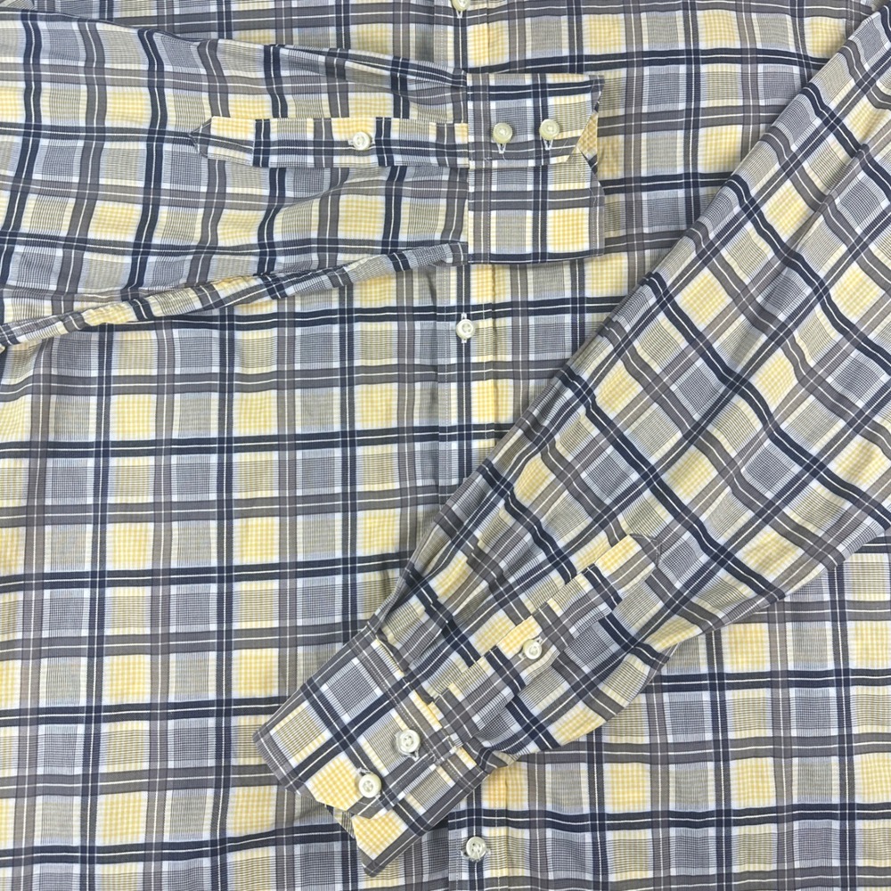 Thomas Dean Button Down Mens Large Yellow Grey Plaid Pima Cotton Long Sleeve - Picture 6 of 13